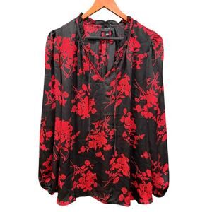 Haver London Black Red Floral Semi Sheer Blouse Flowy Long Sleeve Plus 2X